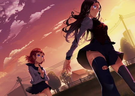 At the break of Dawn - blood, tears, original, seifuku, long hair, purple eyes, dawn, beauties, sky, blue eyes, clouds, anime girl, skirt, beautiful, hot, beauty, sunset, glasses, black hair, cute, sexy