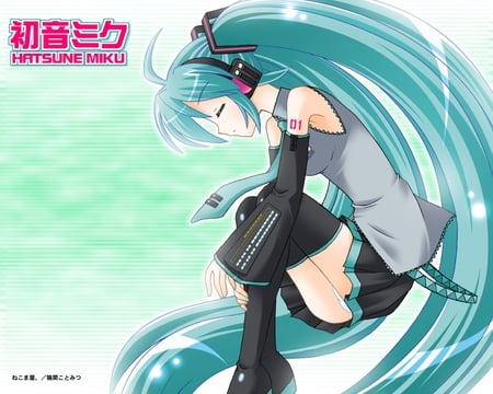 Hatsune Miku - aqua, headset, thighhighs, music, anime girl, white, art, cool, aqua eyes, artistic, hatsune miku, skirt, light, song, vocaloids, glow, program, vocaloid, beautiful, uniform, diva, beauty, nice, twintail, singer, aqua hair, black, virtual, pretty, idol, anime, miku, cute, girl, cg, hatsune, microphone, headphones, tie, digital, awesome, gray, outfit