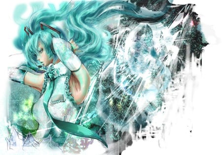 Hatsune Miku - tie, pretty, artistic, uniform, headphones, exotic, nice, program, beauty, virtual, cg, white, green, cute, aqua eyes, song, outfit, twitnail, vocaloid, anime, blue, hatsune miku, microphone, music, aqua, art, idol, anime girl, beautiful, singer, girl, cool, black, miku, awesome, diva, digital, aqua hair, hatsune, vocaloids, headset