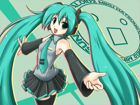 Hatsune Miku - aqua, headset, thighhighs, music, anime girl, white, art, cool, aqua eyes, artistic, hatsune miku, skirt, song, vocaloids, program, vocaloid, beautiful, uniform, diva, nice, beauty, twintail, singer, aqua hair, black, virtual, pretty, idol, anime, miku, cute, girl, microphopne, cg, hatsune, headphones, tie, digital, awesome, gray, outfit