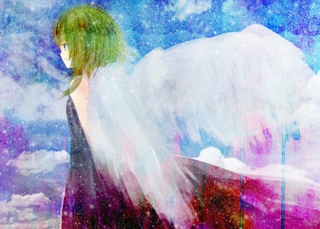 vocaloid - angel, gumi, short hair, green hair, dress, ciel