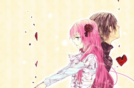 vocaloid - yelow, blush, long hair, pink hair, brown hair, love, blue eyes, luka