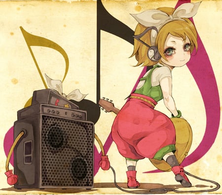 vocaloid - short hair, guitar, rin, music, note, colors