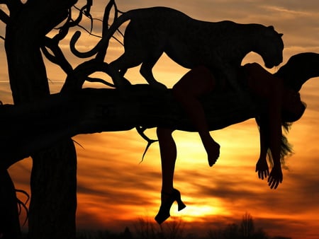 Woman and panther at sunset - woman, nature, silohuette, tree, sunset, panther