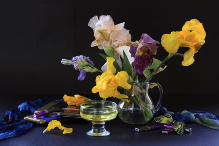 Colours of Beauty - vase, yellow, blue, chocolate, beauty, pink, still life, flowers, colours, purple, juice, glass