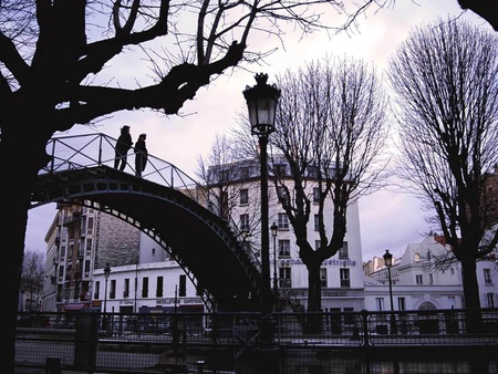 Couple on the bridge - tree, bridge, couple, mist