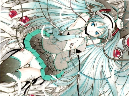 Hatsune Miku - aqua, hot, angel, headset, thighhighs, wings, music, anime girl, white, art, cool, aqua eyes, artistic, hatsune miku, sexy, skirt, song, vocaloids, program, vocaloid, pink, beautiful, uniform, diva, beauty, nice, twintail, singer, aqua hair, black, virtual, pretty, idol, anime, miku, plugs, cute, electric, feathers, girl, cg, hatsune, microphone, red, blue, headphones, tie, awesome, digital, outfit