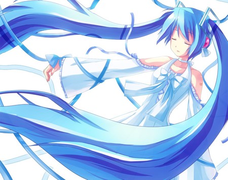 Hatsune Miku - pretty, artistic, headphones, nice, program, beauty, virtual, cg, white, cute, aqua eyes, song, vocaloid, anime, twintail, dress, hatsune miku, microphone, music, aqua, closed eyes, art, idol, anime girl, beautiful, singer, girl, cool, white dress, black, miku, awesome, diva, digital, aqua hair, hatsune, vocaloids, headset