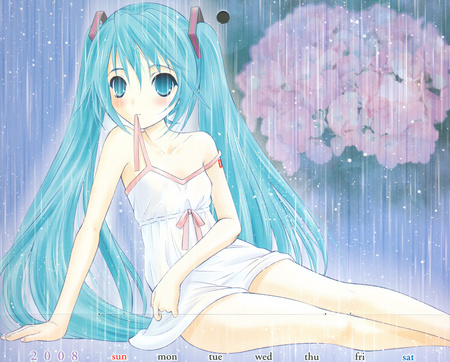 Hatsune Miku - pretty, artistic, pink, rain, nice, program, hot, thighhighs, beauty, virtual, petals, cg, white, cute, aqua eyes, song, sexy, vocaloid, anime, twintail, dress, hatsune miku, music, aqua, sakura petals, art, idol, anime girl, sakura, beautiful, singer, girl, cool, black, miku, sakura tree, awesome, diva, digital, aqua hair, hatsune, vocaloids