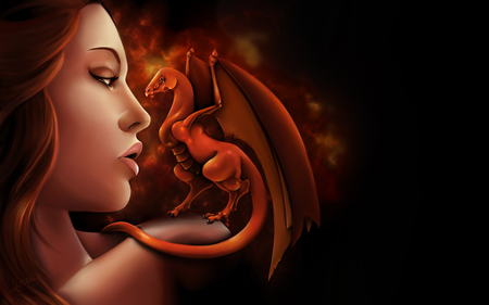 Firey Woman and Dragon - red, fire, flames, fantasy, wyvren, orange, dragon, woman