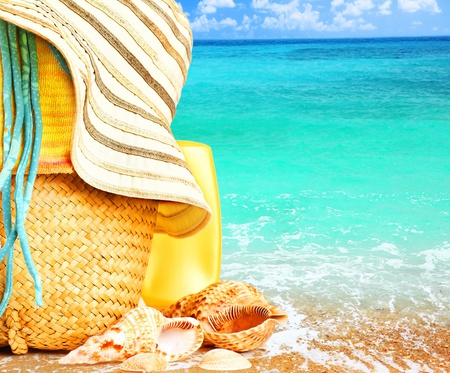 Summer Time - pretty, relax, sunny, summer, blue, beach, sand, shell, holiday, view, exotic, paradise, sky, clouds, hat, beautiful, sea, beauty, colors, lovely, ocean, colorful, shells, nature, tropical, waves, purse, peaceful