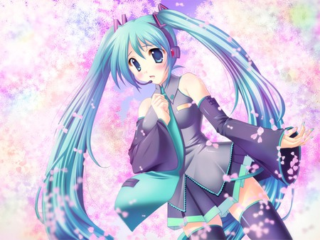 Hatsune Miku - tie, pretty, artistic, pink, uniform, flowers, headphones, nice, program, beauty, virtual, petals, cg, white, cute, song, outfit, vocaloid, anime, twintail, hatsune miku, microphone, music, aqua, sakura petals, art, idol, anime girl, sakura, skirt, beautiful, singer, girl, blush, cool, black, miku, awesome, diva, digital, hatsune, vocaloids, headset