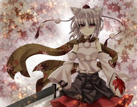 Innocent Smile - beauty, badass, hot, anime girl, blade, red eyes, touhou, inubashiri momji, cool, ikeda hazuki, sword, silver hair, cute, short hair, sexy, animal ears, scarf, beautiful, weapon, awesome