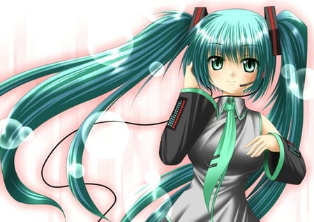 Hatsune Miku - aqua, headset, music, anime girl, white, art, cool, aqua eyes, artistic, hatsune miku, song, vocaloids, program, vocaloid, beautiful, pink, diva, nice, beauty, twintail, singer, aqua hair, bubbles, black, virtual, pretty, idol, anime, cute, girl, cg, hatsune, microphone, headphones, digital, awesome, gray