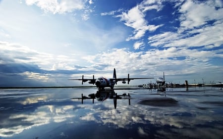 airport - clouds, airplane, water, photography, runway, wet, reflection, plane, aircraft, nature, sky