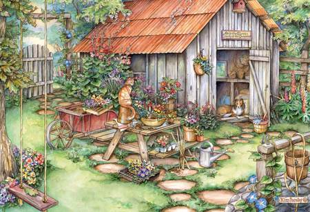 Do not forget the gardeners - Kim Jacobs - cat, puppy, kitten, painting, cutekim jacobs, art, door, dog, grass, garden, colie