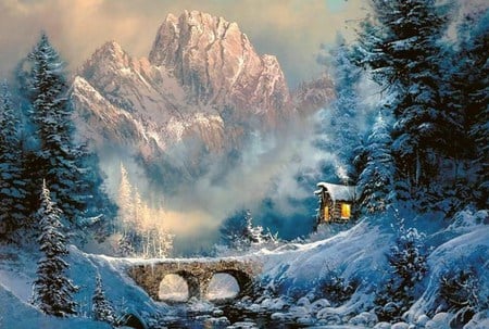 Long Winter Days - trees, river, winter, mountains, house, bridge, lights