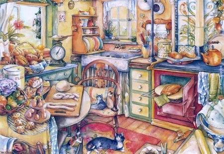 Painting by Kim Jacobs - kitten, window, painting, kitchen, art, cook, home, cat