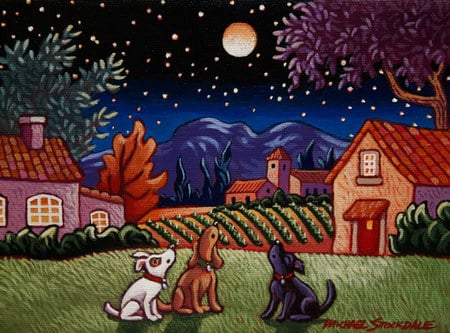 Little night music-Michael Stockdale - michael-stockdale, moon, painting, cute, dog, puppy, night, art