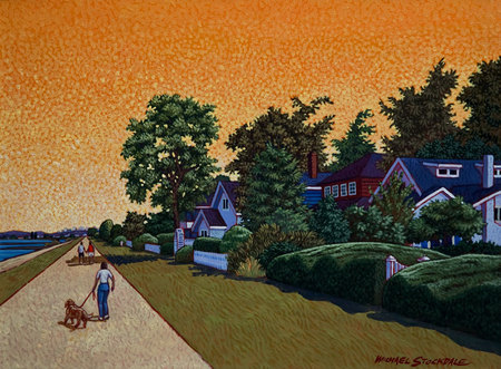 Beach front promenade by Michael Stockdale - house, sunset, painting, dog, man, art, michael stockdale