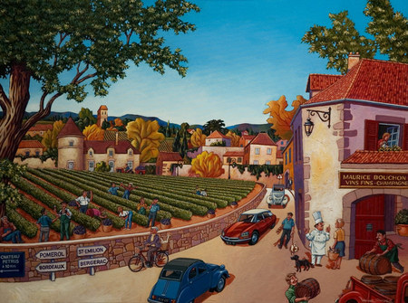 Sunshine over vineyards-Michael Stockdale - car, painting, art, tree, michael stockdale