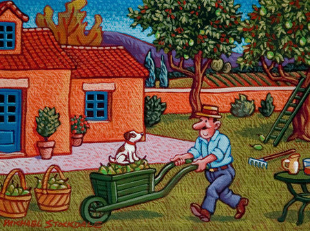 Msr. Champign on orchard - Michael Stockdale - painting, dog, grass, man, art, tree, michael stockdale