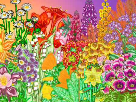 Garden of Flowers - many, purple, yellow, petals, green, leaves, orange, flowers, colors, garden