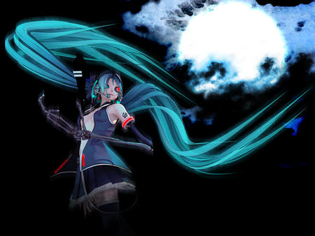 vocaloid - moon, miku hatsune, red eye, blue hair, dress, night, long hair, dein