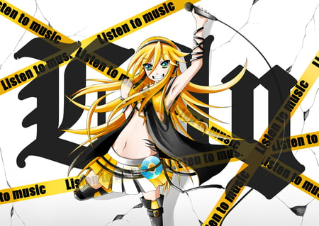 vocaloid - dangerous, yelow hair, dress, blush, long hair, lily, cd, blue eyes