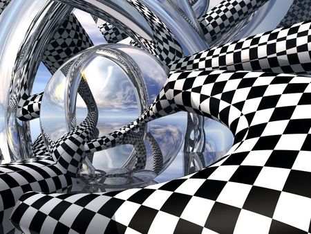 Checkers and Mirrors - white, checkers, rods, squares, black, mirrors, abstract