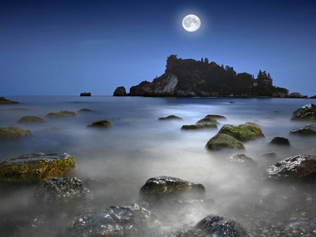 MOONLIT OCEAN - sky, ocean, moonlit, night, island, stones