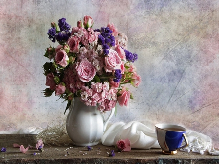 Still Life - beauty, roses, cup of tea, photography, colorful, pink rose, bouquet, rose, still life, with love, white, pretty, petals, romance, pink roses, tea, for you, lovely, vase, cup, nature, romantic, blue, pink, beautiful, colors, flowers