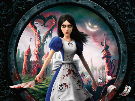 Alice: Madness Returns - alice in wonderland, girl, video game, blood, knife, fantasy, gamer art, alice- madness returns, cg, devil, hd, alice, madness returns, game, adventure, horror