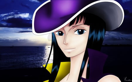 Nico Robin - hat, anime girl, one piece, beautiful, hot, beauty, long hair, pirate, black hair, cute, sexy