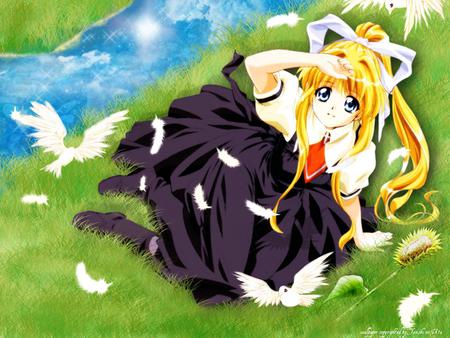 Anime Girl - blonde, anime, girl, birds, grass