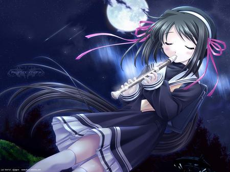 Flute - anime, flute, girl, full moon