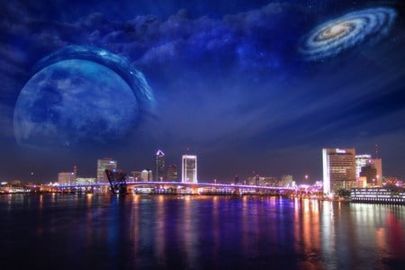 Things to Come - moon, sky, saturn, colours, river, city, lights