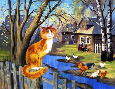 Posing near my house - kitten, river, pet, cat, house, painting, art