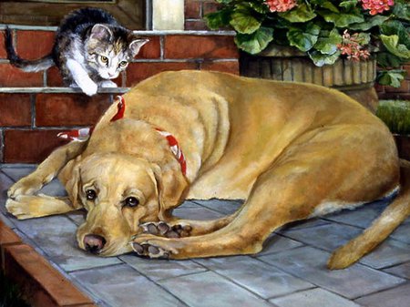 Pet friends - painting, art, puppy, cat, dog, pet, kitten