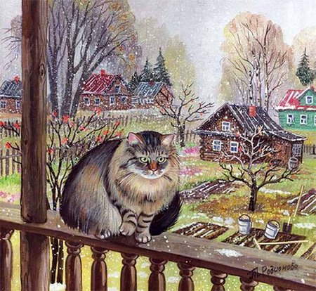 Cat on fence - painting, fence, art, cat, pet, kitten