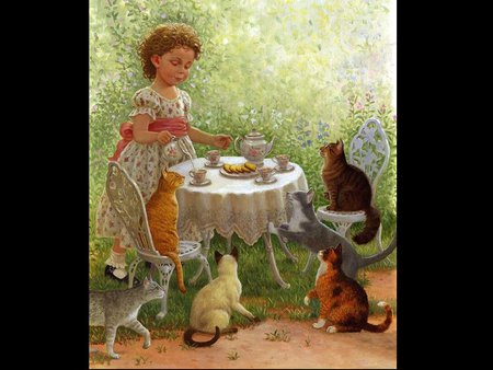 Tea time with my friends - pet, kitten, painting, girl, table, art, cat