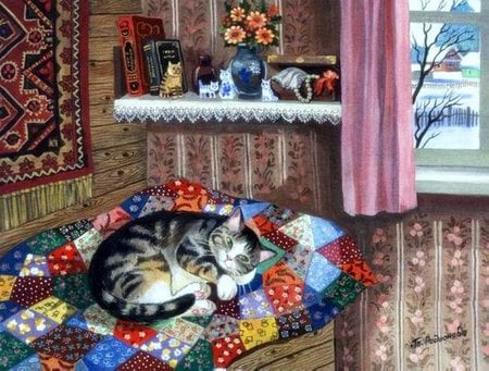 Nap time - painting, sleep, art, cat, pet, kitten