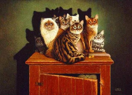 Kittens on closet - closet, kitten, pet, cat, painting, art