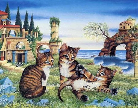 Kittens playing - painting, art, cat, pet, kitten