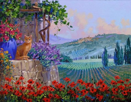 Kitten in garden - garden, flower, kitten, pet, cat, painting, art