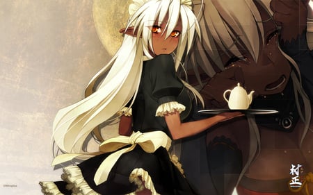 Full metal deamon - yellow eyes, elf, long hair, blush, maid, dress, white hair