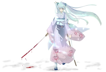 Hatsune Miku - aqua, tradtion, music, anime girl, white, art, dead, cool, katana, petals, aqua eyes, kimono, artistic, hatsune miku, puddle, song, blood, vocaloids, program, sakura, vocaloid, pink, beautiful, diva, beauty, nice, twintail, singer, aqua hair, black, virtual, pretty, idol, anime, sword, miku, cute, girl, culture, cg, hatsune, red, blue, awesome, kill, dripping, flowers, digital