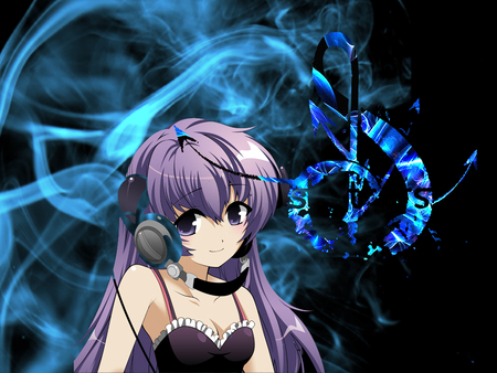 music babe - head phones, blue, note, music, purple hair