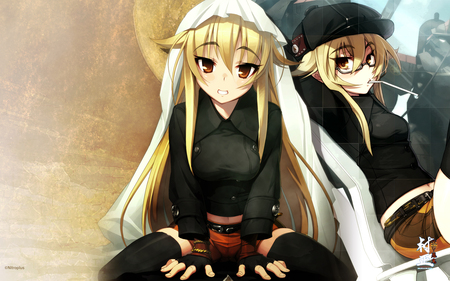 Full metal deamon - red eyes, long hair, blonde hair, 2 girls, hat, dress