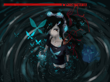 ghost butterfly - butterfly, black hair, ghost, blue